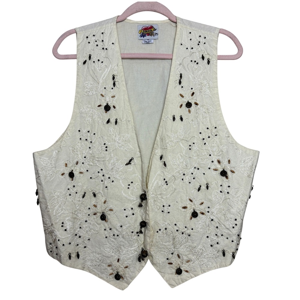 Y2K‎ Embroidered Beaded Vest Boho Festival Fairycore Vest Womens M Neutral Beach